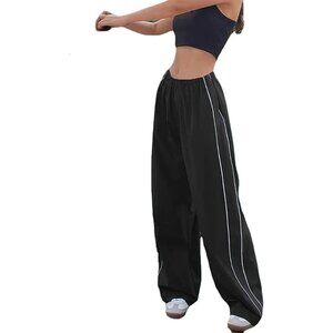 Womens Baggy Y2K Parachute Black Pants High Waisted Lightweight Streetwear
